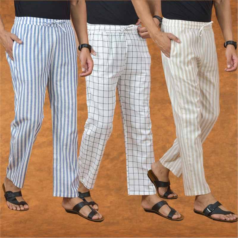COMBO OF 3 MEN STRIPE COTTON HANDLOOM PANT BEIGE WHITE AND BLUE-15200