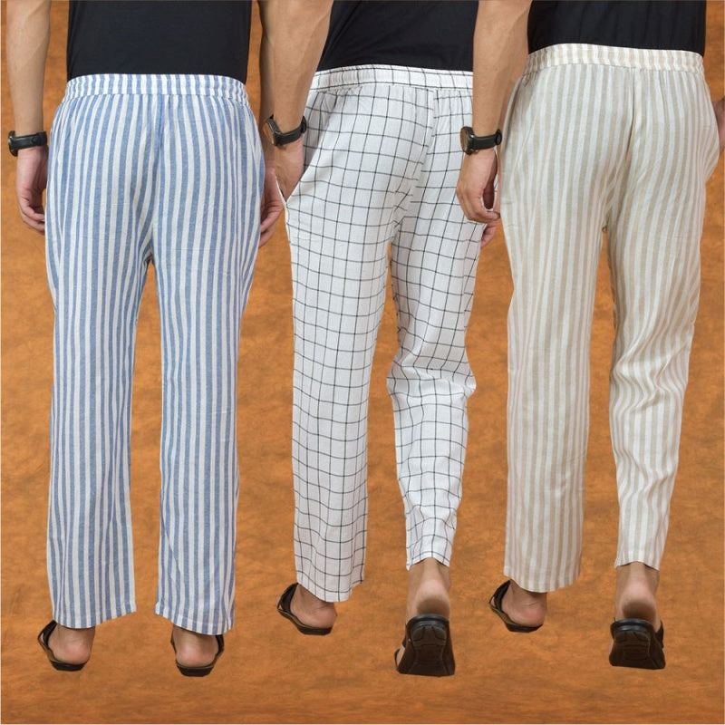COMBO OF 3 MEN STRIPE COTTON HANDLOOM PANT BEIGE WHITE AND BLUE-15200