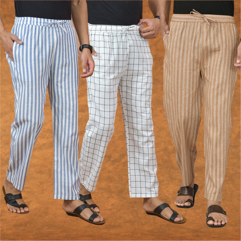 COMBO OF 3 MEN STRIPE COTTON HANDLOOM PANT BEIGE WHITE AND BLUE-15206
