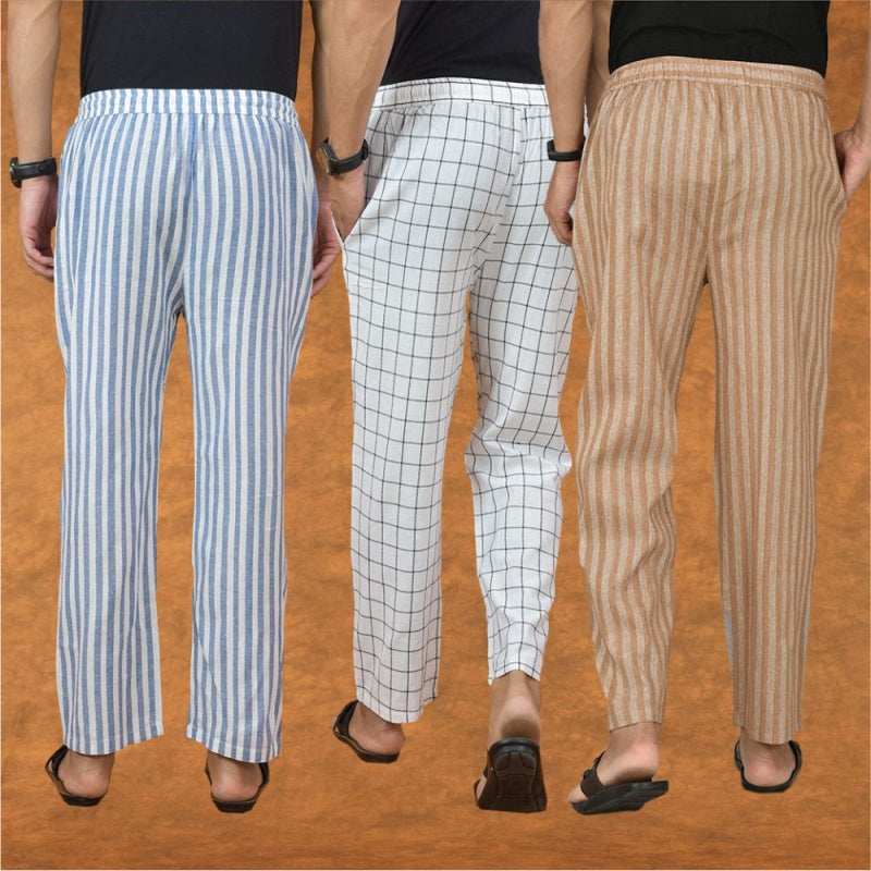 COMBO OF 3 MEN STRIPE COTTON HANDLOOM PANT BEIGE WHITE AND BLUE-15206