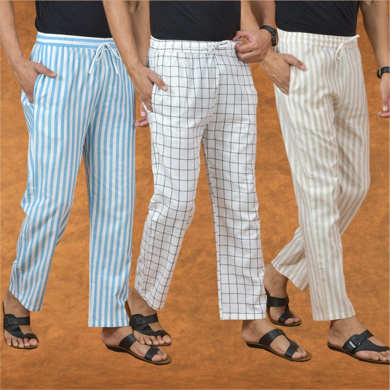 COMBO OF 3 MEN STRIPE COTTON HANDLOOM PANT BEIGE WHITE AND SKY BLUE-15134