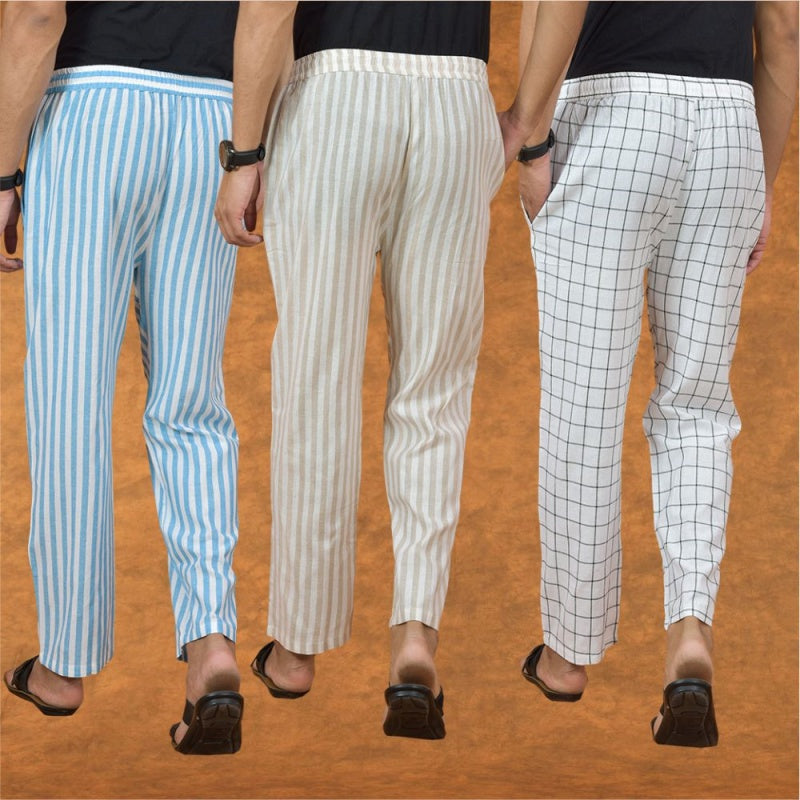 COMBO OF 3 MEN STRIPE COTTON HANDLOOM PANT BEIGE WHITE AND SKY BLUE-15134