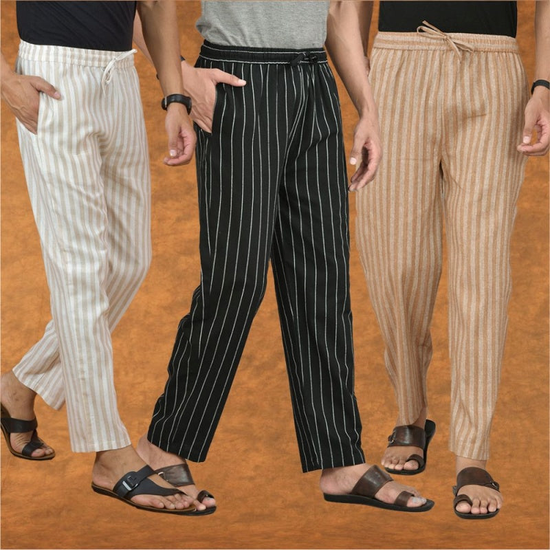 COMBO OF 3 MEN STRIPE COTTON HANDLOOM PANT BLACK BEIGE AND BEIGE-15358