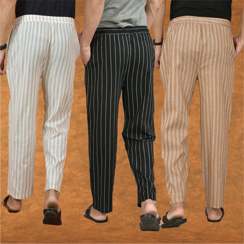 COMBO OF 3 MEN STRIPE COTTON HANDLOOM PANT BLACK BEIGE AND BEIGE-15358