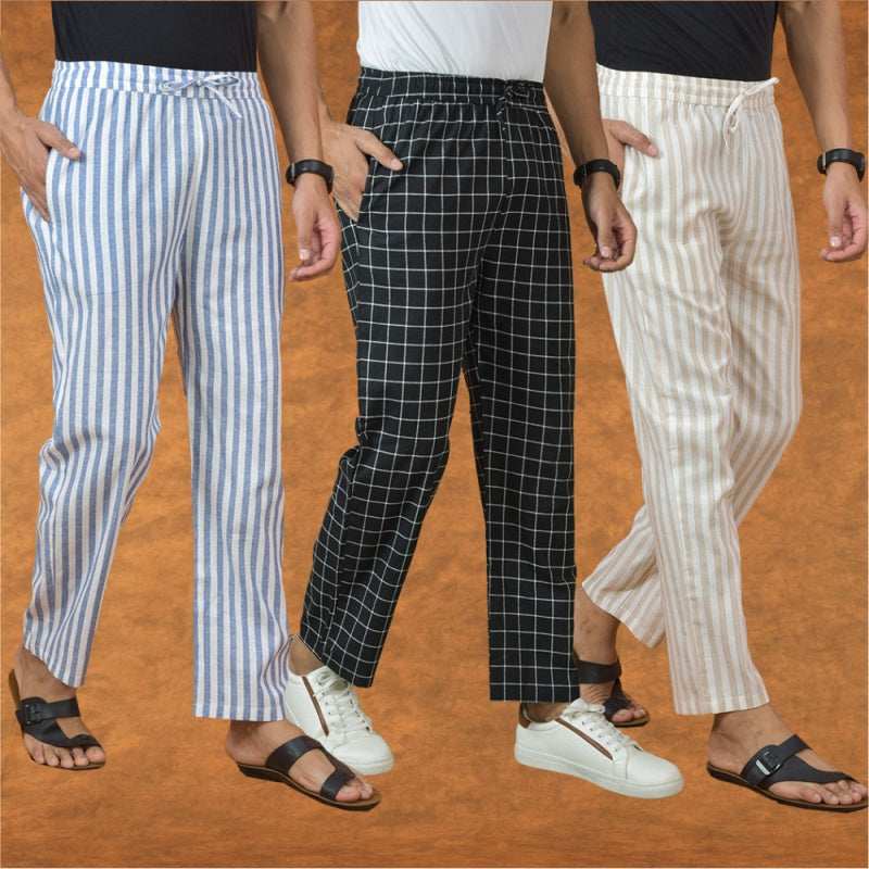 OMBO OF 3 MEN STRIPE COTTON HANDLOOM PANT BLACK BEIGE AND BLUE-15213