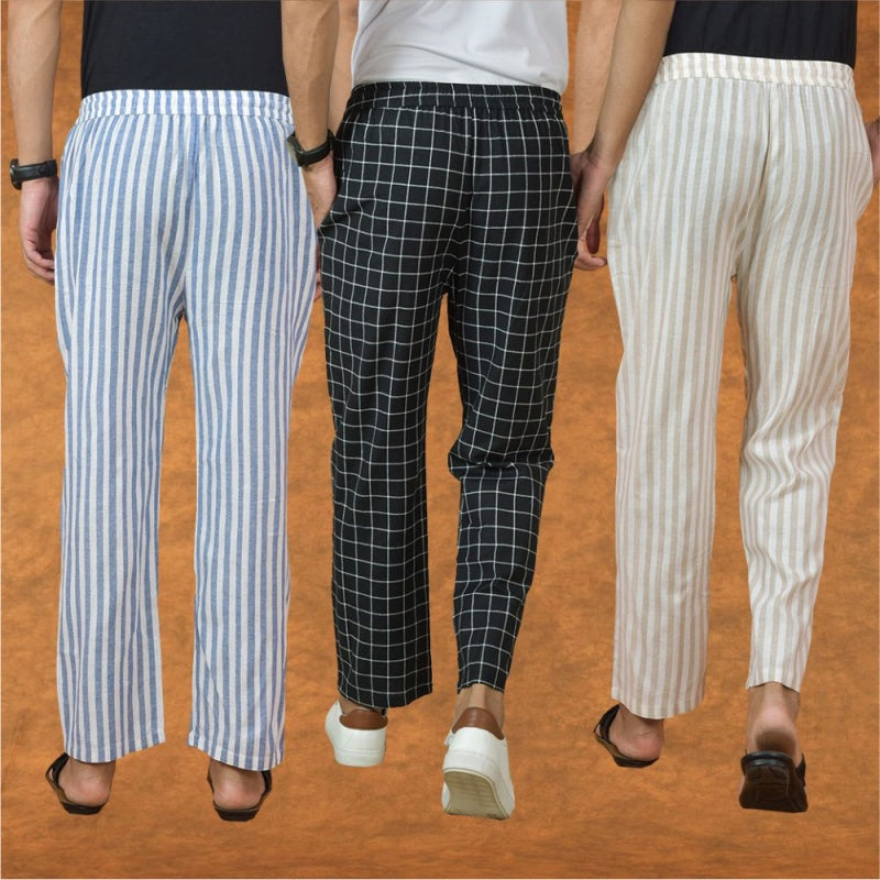 OMBO OF 3 MEN STRIPE COTTON HANDLOOM PANT BLACK BEIGE AND BLUE-15213