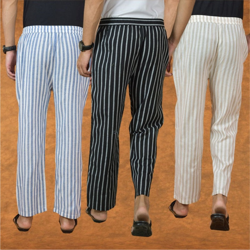 COMBO OF 3 MEN STRIPE COTTON HANDLOOM PANT BLACK BEIGE AND BLUE-15214