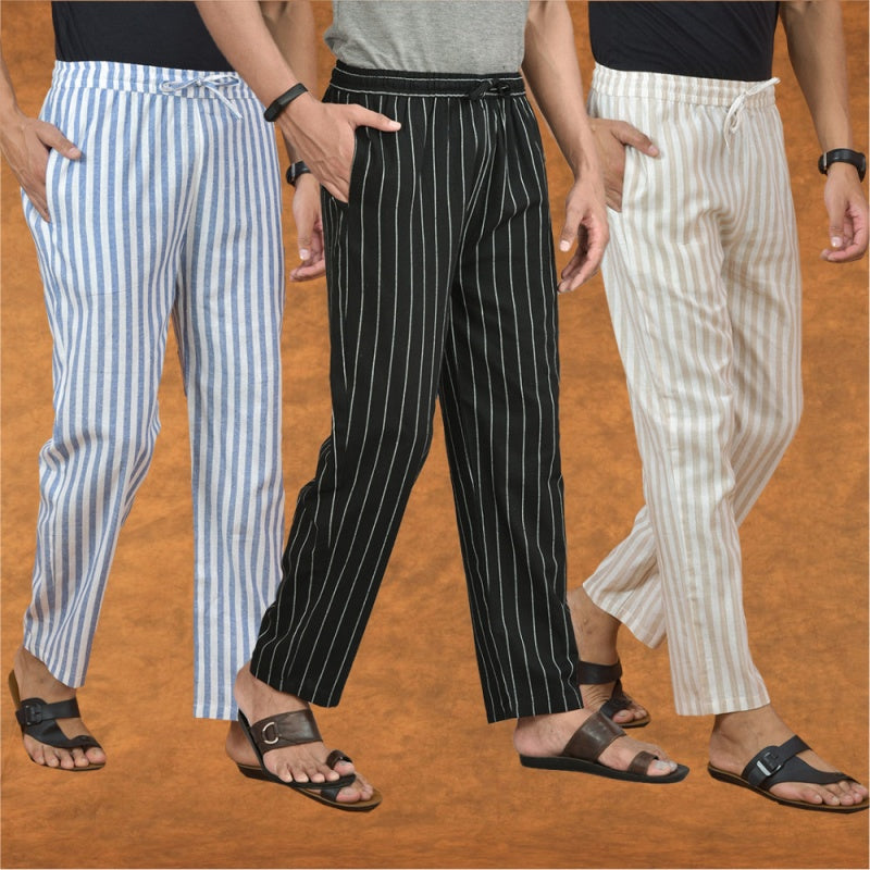 COMBO OF 3 MEN STRIPE COTTON HANDLOOM PANT BLACK BEIGE AND BLUE-15219