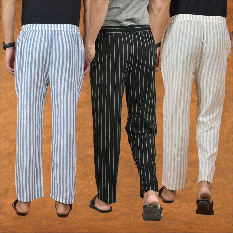COMBO OF 3 MEN STRIPE COTTON HANDLOOM PANT BLACK BEIGE AND BLUE-15219