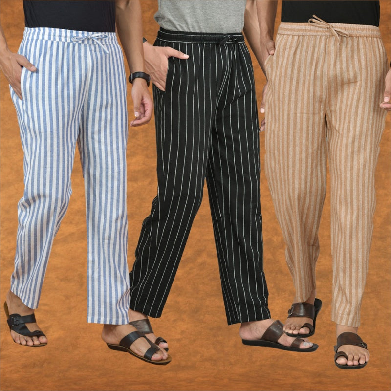 COMBO OF 3 MEN STRIPE COTTON HANDLOOM PANT BLACK BEIGE AND BLUE-15258