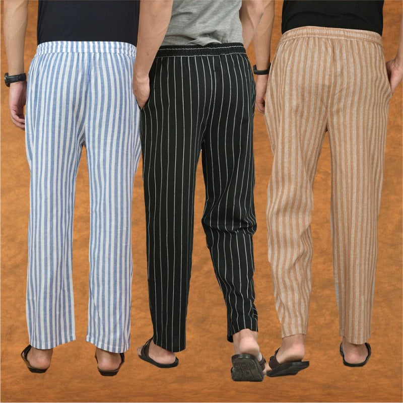 COMBO OF 3 MEN STRIPE COTTON HANDLOOM PANT BLACK BEIGE AND BLUE-15258
