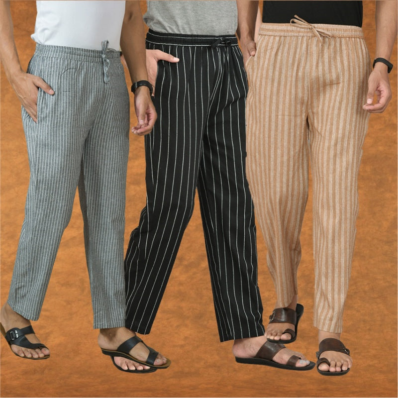 COMBO OF 3 MEN STRIPE COTTON HANDLOOM PANT BLACK BEIGE AND GRAY-15458