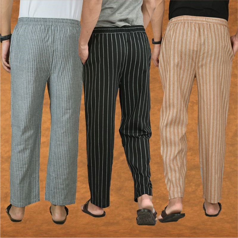 COMBO OF 3 MEN STRIPE COTTON HANDLOOM PANT BLACK BEIGE AND GRAY-15458