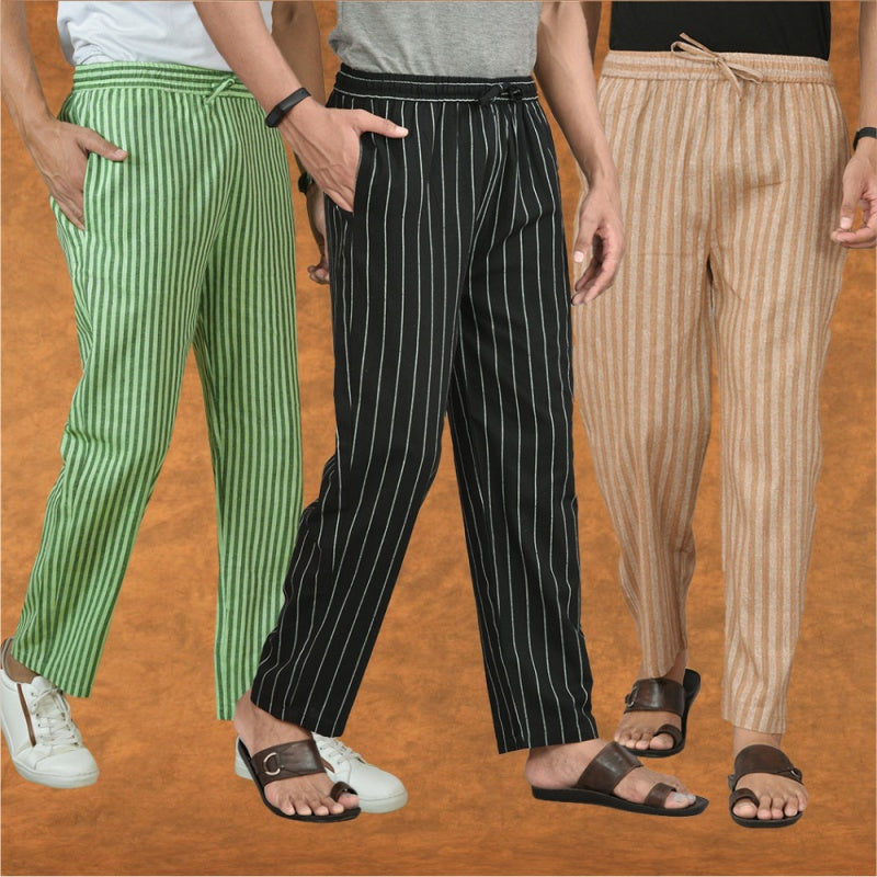COMBO OF 3 MEN STRIPE COTTON HANDLOOM PANT BLACK BEIGE AND OLIVE GREEN-15394