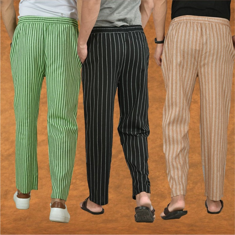 COMBO OF 3 MEN STRIPE COTTON HANDLOOM PANT BLACK BEIGE AND OLIVE GREEN-15394