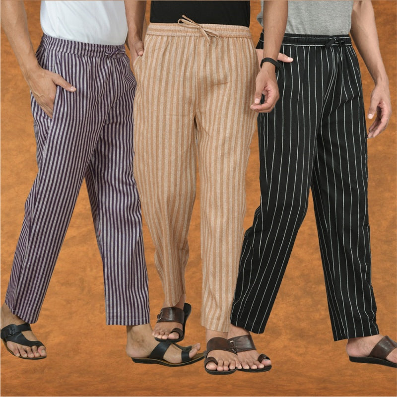 COMBO OF 3 MEN STRIPE COTTON HANDLOOM PANT BLACK BEIGE AND PURPLE-15468