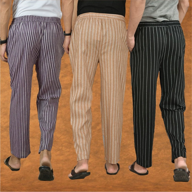 COMBO OF 3 MEN STRIPE COTTON HANDLOOM PANT BLACK BEIGE AND PURPLE-15468