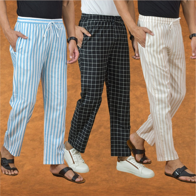 COMBO OF 3 MEN STRIPE COTTON HANDLOOM PANT BLACK BEIGE AND SKY BLUE-15146