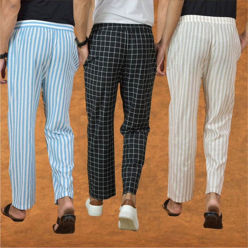 COMBO OF 3 MEN STRIPE COTTON HANDLOOM PANT BLACK BEIGE AND SKY BLUE-15146