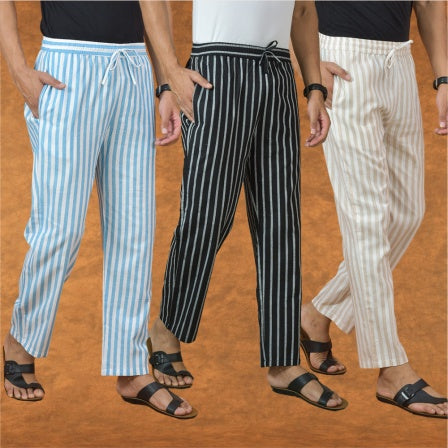 COMBO OF 3 MEN STRIPE COTTON HANDLOOM PANT BLACK BEIGE AND SKY BLUE-15147