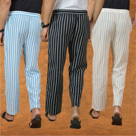 COMBO OF 3 MEN STRIPE COTTON HANDLOOM PANT BLACK BEIGE AND SKY BLUE-15147