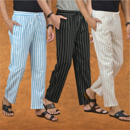 COMBO OF 3 MEN STRIPE COTTON HANDLOOM PANT BLACK BEIGE AND SKY BLUE-15152