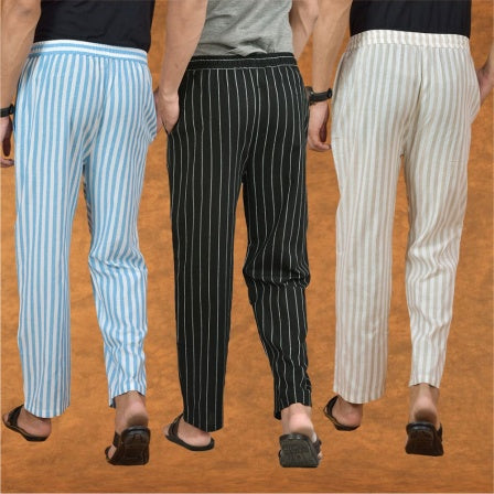 COMBO OF 3 MEN STRIPE COTTON HANDLOOM PANT BLACK BEIGE AND SKY BLUE-15152