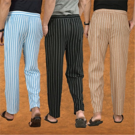 COMBO OF 3 MEN STRIPE COTTON HANDLOOM PANT BLACK BEIGE AND SKY BLUE-15191