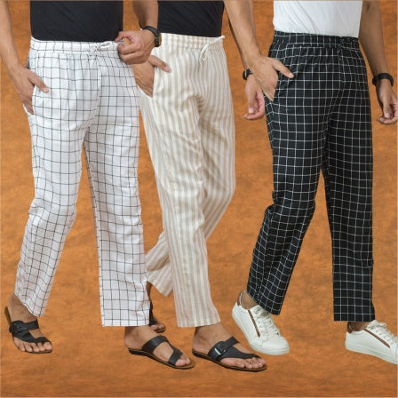 COMBO OF 3 MEN STRIPE COTTON HANDLOOM PANT BLACK BEIGE AND WHITE-15268