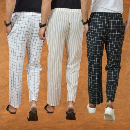 COMBO OF 3 MEN STRIPE COTTON HANDLOOM PANT BLACK BEIGE AND WHITE-15268