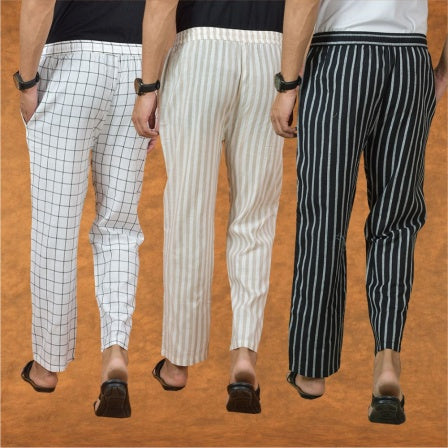 COMBO OF 3 MEN STRIPE COTTON HANDLOOM PANT BLACK BEIGE AND WHITE-15269