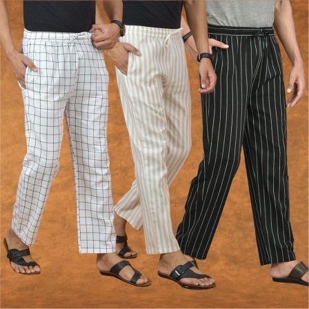 COMBO OF 3 MEN STRIPE COTTON HANDLOOM PANT BLACK BEIGE AND WHITE-15274