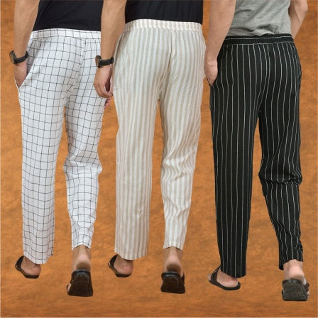 COMBO OF 3 MEN STRIPE COTTON HANDLOOM PANT BLACK BEIGE AND WHITE-15274