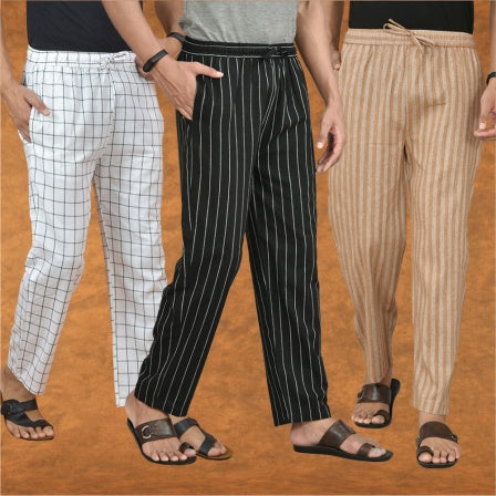 COMBO OF 3 MEN STRIPE COTTON HANDLOOM PANT BLACK BEIGE AND WHITE-15313