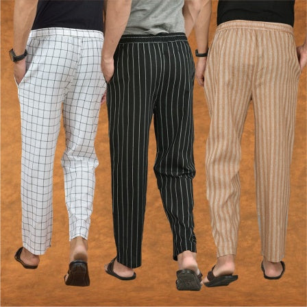COMBO OF 3 MEN STRIPE COTTON HANDLOOM PANT BLACK BEIGE AND WHITE-15313