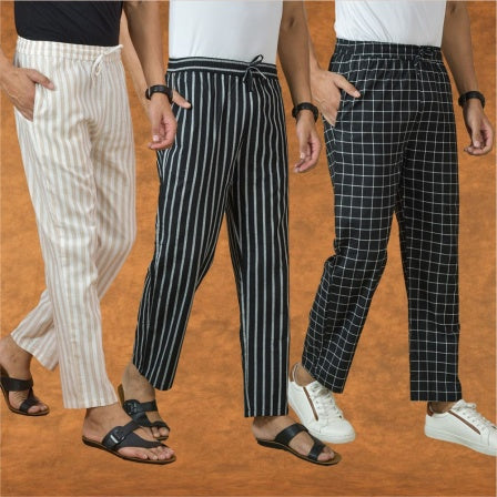 COMBO OF 3 MEN STRIPE COTTON HANDLOOM PANT BLACK BLACK AND BEIGE-15331