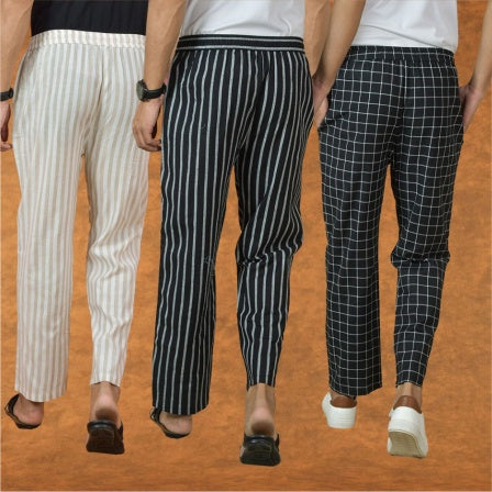 COMBO OF 3 MEN STRIPE COTTON HANDLOOM PANT BLACK BLACK AND BEIGE-15331