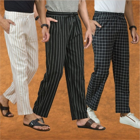 COMBO OF 3 MEN STRIPE COTTON HANDLOOM PANT BLACK BLACK AND BEIGE-15336