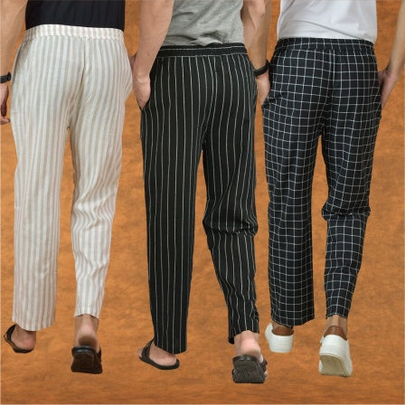 COMBO OF 3 MEN STRIPE COTTON HANDLOOM PANT BLACK BLACK AND BEIGE-15336