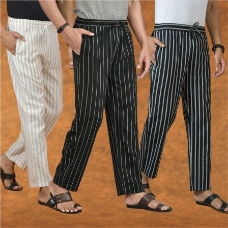 COMBO OF 3 MEN STRIPE COTTON HANDLOOM PANT BLACK BLACK AND BEIGE-15343