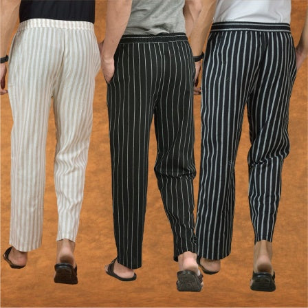 COMBO OF 3 MEN STRIPE COTTON HANDLOOM PANT BLACK BLACK AND BEIGE-15343