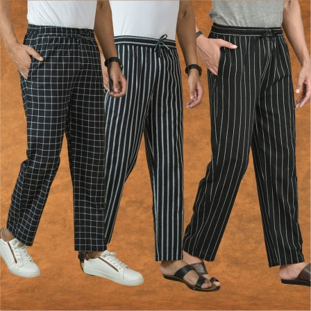 COMBO OF 3 MEN STRIPE COTTON HANDLOOM PANT BLACK BLACK AND BLACK-15407