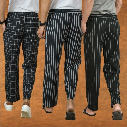 COMBO OF 3 MEN STRIPE COTTON HANDLOOM PANT BLACK BLACK AND BLACK-15407