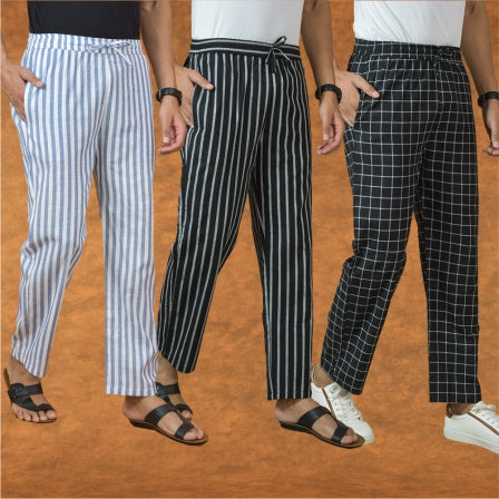 COMBO OF 3 MEN STRIPE COTTON HANDLOOM PANT BLACK BLACK AND BLUE-15231