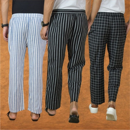 COMBO OF 3 MEN STRIPE COTTON HANDLOOM PANT BLACK BLACK AND BLUE-15231