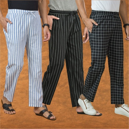 COMBO OF 3 MEN STRIPE COTTON HANDLOOM PANT BLACK BLACK AND BLUE-15236