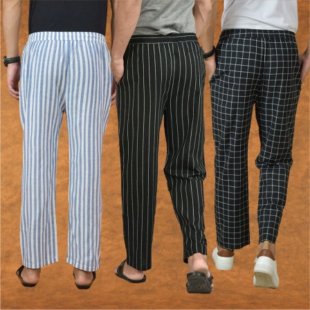 COMBO OF 3 MEN STRIPE COTTON HANDLOOM PANT BLACK BLACK AND BLUE-15236