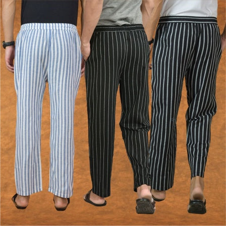 COMBO OF 3 MEN STRIPE COTTON HANDLOOM PANT BLACK BLACK AND BLUE-15243