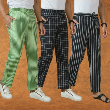 COMBO OF 3 MEN STRIPE COTTON HANDLOOM PANT BLACK BLACK AND OLIVE GREEN-15367