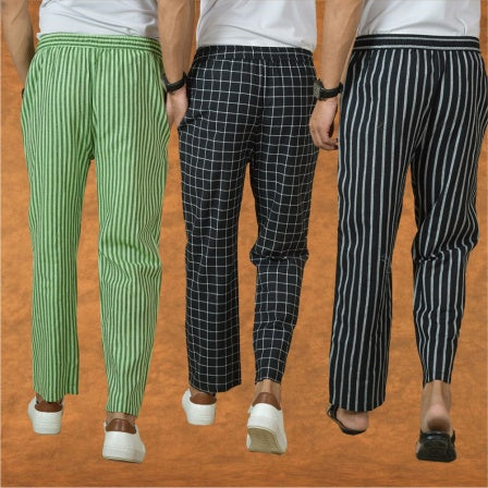 COMBO OF 3 MEN STRIPE COTTON HANDLOOM PANT BLACK BLACK AND OLIVE GREEN-15367
